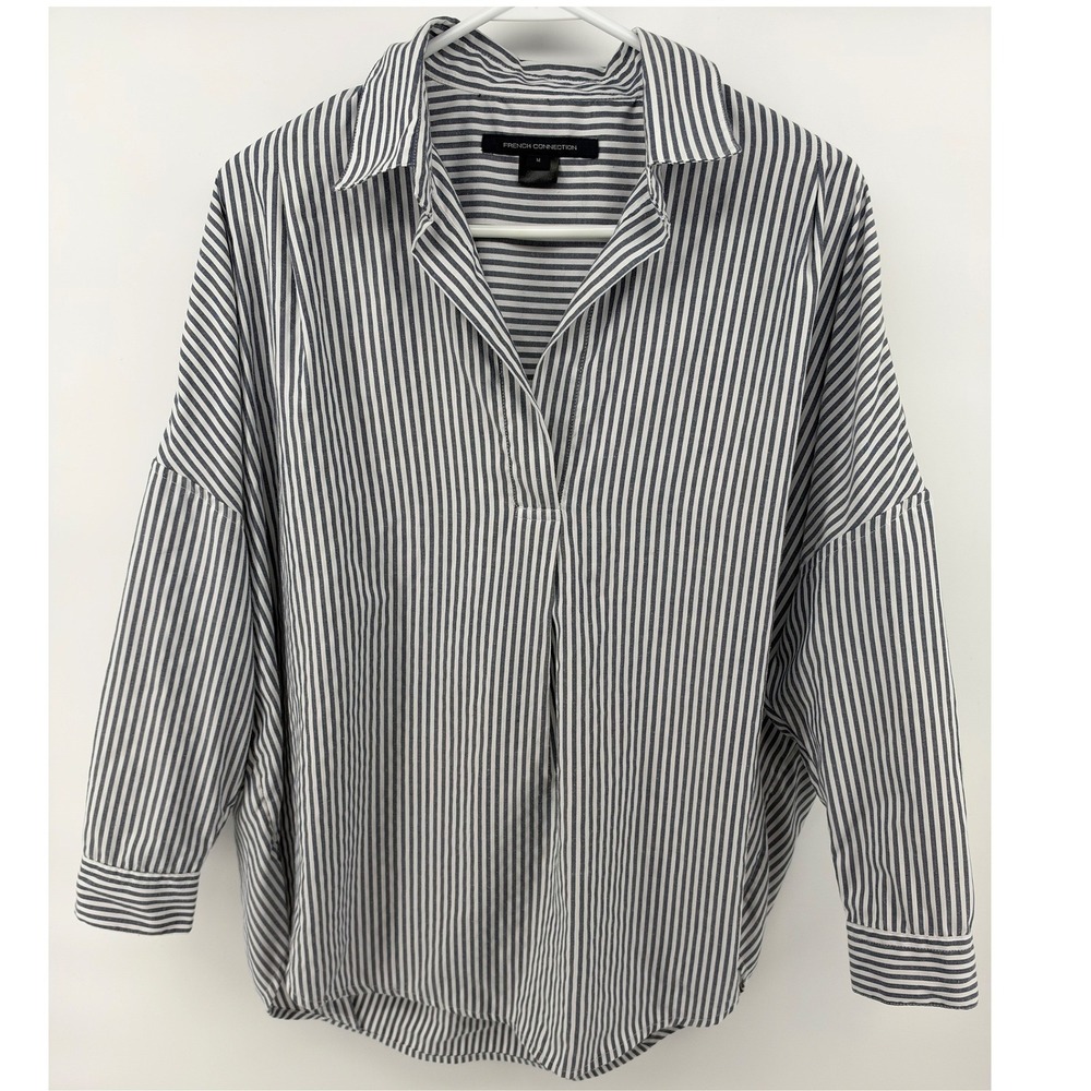French Connection Women Striped Oversize Popover Top M Navy White Coastal Preppy
